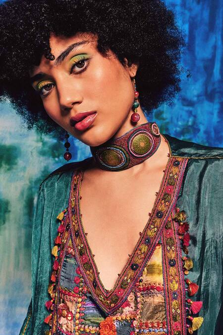 Capisvirleo_Blue Silk Embroidered Patchwork V Neck Maahi Ombre Kaftan _at_Aza_Fashions