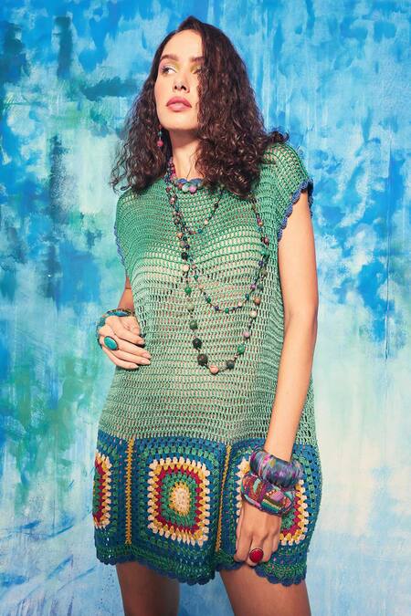 Capisvirleo_Blue Handloom Hand Crochet Round Marina Dress _at_Aza_Fashions