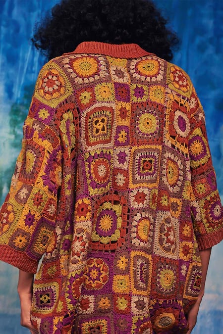 Shop_Capisvirleo_Orange Handloom Hand Crochet Collared Anara Shirt _at_Aza_Fashions