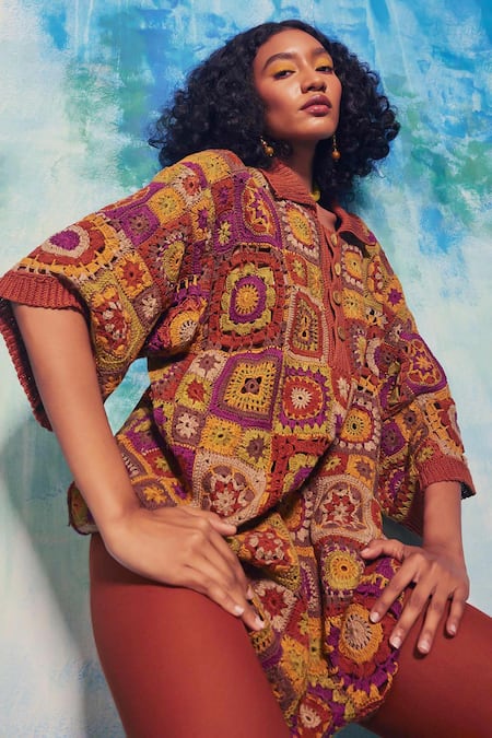 Buy_Capisvirleo_Orange Handloom Hand Crochet Collared Anara Shirt _Online_at_Aza_Fashions