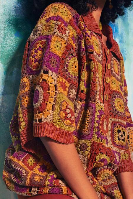 Shop_Capisvirleo_Orange Handloom Hand Crochet Collared Anara Shirt _Online_at_Aza_Fashions