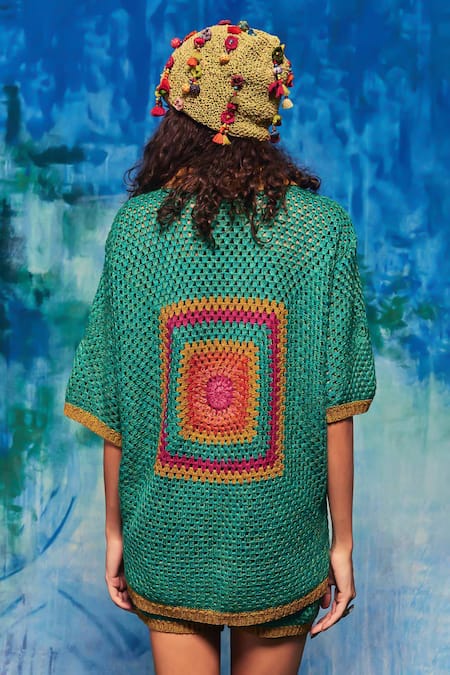 Shop Capisvirleo Blue Handloom Cotton Embroidery Collared Mirella Hand Crochet Shirt With Shorts at Aza Fashions Shop_Capisvirleo_Blue Handloom Cotton Embroidery Collared Mirella Hand Crochet Shirt With Shorts _at_Aza_Fashions