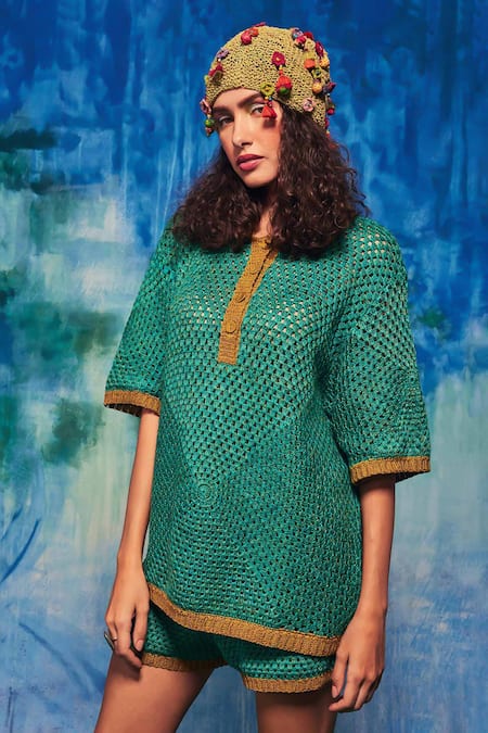 Buy Capisvirleo Blue Handloom Cotton Embroidery Collared Mirella Hand Crochet Shirt With Shorts Online at Aza Fashions Buy_Capisvirleo_Blue Handloom Cotton Embroidery Collared Mirella Hand Crochet Shirt With Shorts _Online_at_Aza_Fashions