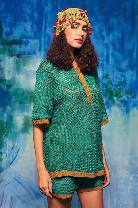 Shop Capisvirleo Blue Handloom Cotton Embroidery Collared Mirella Hand Crochet Shirt With Shorts Online at Aza Fashions Shop_Capisvirleo_Blue Handloom Cotton Embroidery Collared Mirella Hand Crochet Shirt With Shorts _Online_at_Aza_Fashions