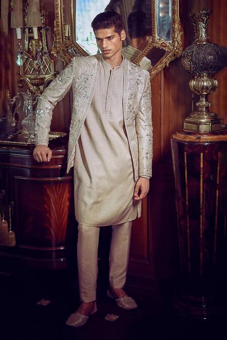 Matsya_Beige Tissue, Chanderi Patchwork, Silverneedle Autumn Jacket And Kurta Set _Online_at_Aza_Fashions