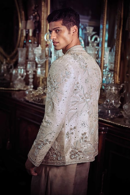 Buy_Matsya_Beige Tissue, Chanderi Patchwork, Silverneedle Autumn Jacket And Kurta Set _Online_at_Aza_Fashions