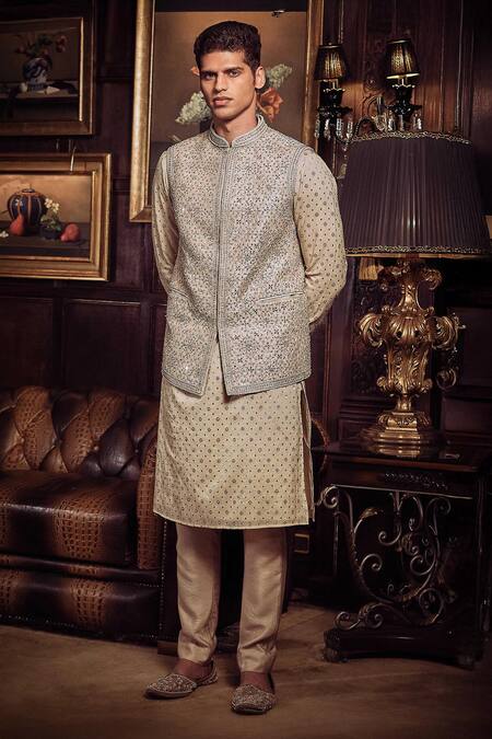 Matsya Ivory Kurta Jacquard Embroidery Dori Work Bundi Set Online at Aza Fashions Matsya_Ivory Kurta Jacquard Embroidery Dori Work Bundi Set _Online_at_Aza_Fashions