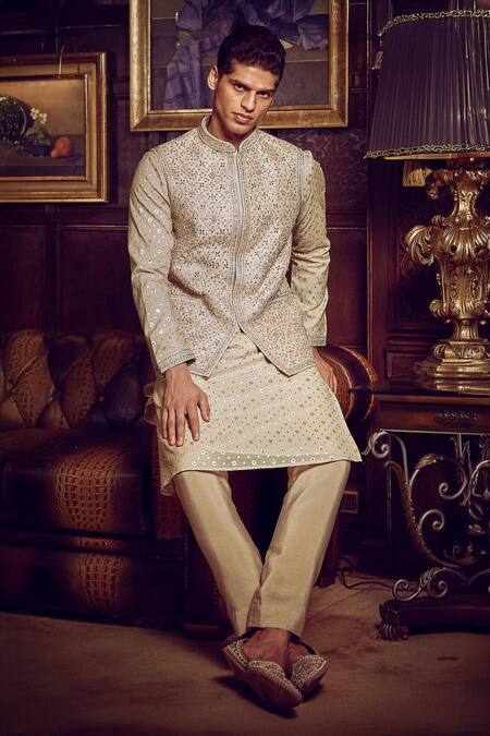 Buy Matsya Ivory Kurta Jacquard Embroidery Dori Work Bundi Set Online at Aza Fashions Buy_Matsya_Ivory Kurta Jacquard Embroidery Dori Work Bundi Set _Online_at_Aza_Fashions