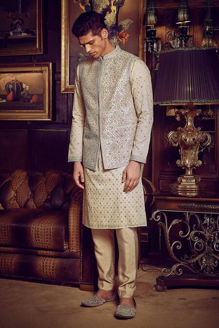 Shop Matsya Ivory Kurta Jacquard Embroidery Dori Work Bundi Set Online at Aza Fashions Shop_Matsya_Ivory Kurta Jacquard Embroidery Dori Work Bundi Set _Online_at_Aza_Fashions