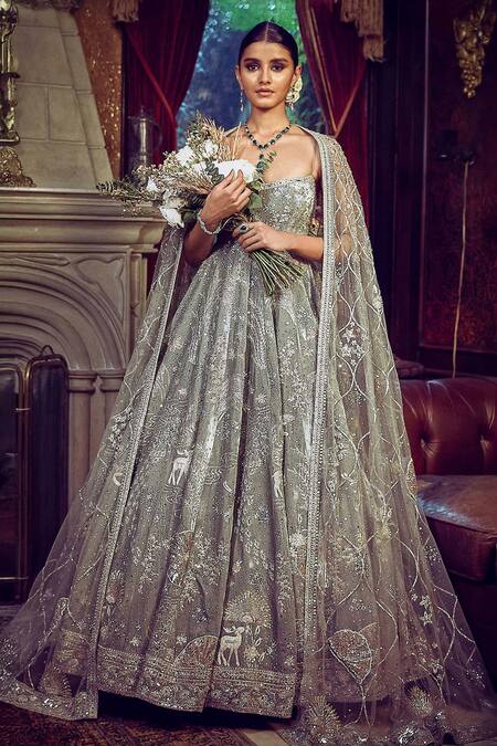 Matsya_Green Velvet, Net Zari, Sequins, The Wild Masai Zardozi Anarkali With Dupatta _Online_at_Aza_Fashions