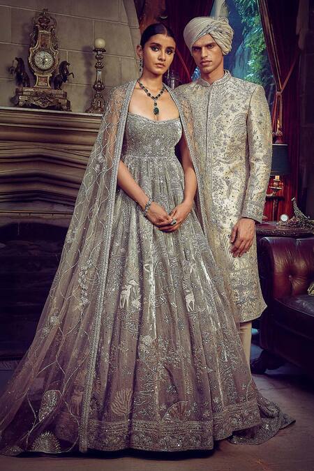 Buy_Matsya_Green Velvet, Net Zari, Sequins, The Wild Masai Zardozi Anarkali With Dupatta _Online_at_Aza_Fashions