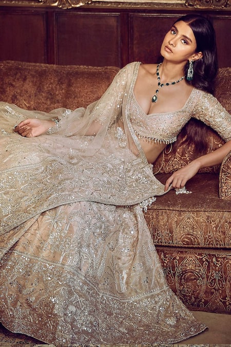 Matsya_Pink Tissue, Net Sequins, Zari, The Udaibagh Dori Embroidered Bridal Lehenga Set _Online_at_Aza_Fashions