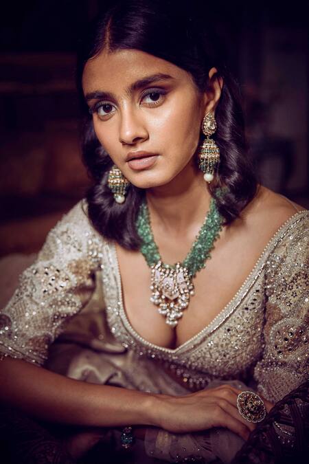 Matsya Beige Silk, Net Crystals V-neck Needle Tree Of Life Dori Work Bridal Lehenga Set Online at Aza Fashions Matsya_Beige Silk, Net Crystals V-neck Needle Tree Of Life Dori Work Bridal Lehenga Set _Online_at_Aza_Fashions