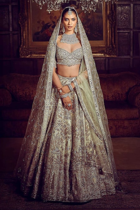 Buy Matsya Green Silk, Organza Embroidery, Beads, Sequins, The Morbagh Bridal Lehenga Set Online at Aza Fashions Buy_Matsya_Green Silk, Organza Embroidery, Beads, Sequins, The Morbagh Bridal Lehenga Set _Online_at_Aza_Fashions