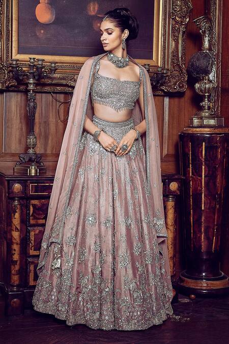 Matsya_Pink Tissue, Net Crystals, Embroidery French Rose Aurum Bridal Lehenga Set _Online_at_Aza_Fashions