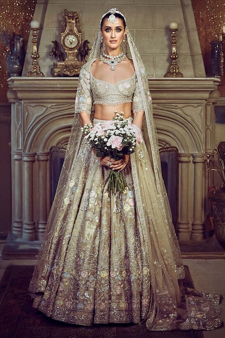 MATSYA Gold Lehenga And Blouse Raw Silk Embroidery The Autumn Antelope Bridal Set 