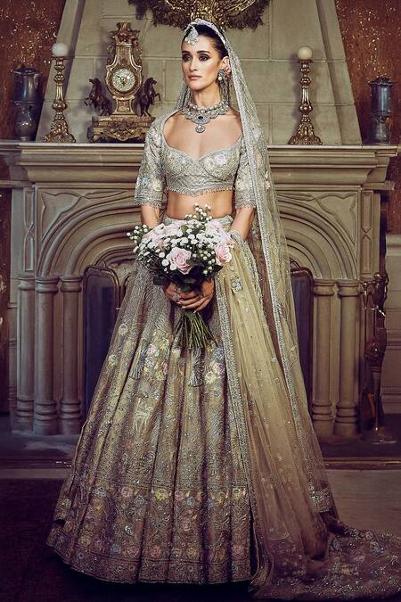 Matsya_Gold Silk, Net Zari, The Autumn Antelope Zardozi Embroidered Bridal Lehenga Set _Online_at_Aza_Fashions