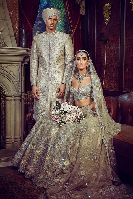 Buy_Matsya_Gold Silk, Net Zari, The Autumn Antelope Zardozi Embroidered Bridal Lehenga Set _Online_at_Aza_Fashions