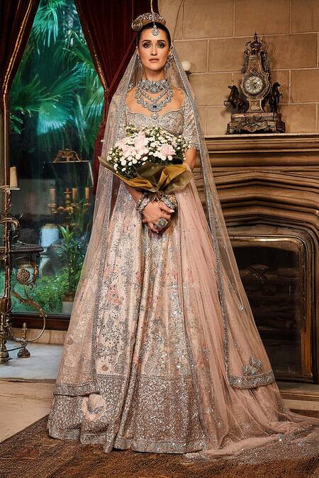 Shop Matsya Off White Tissue, Net Zari, The Flamingo Embroidered Bridal Lehenga Set Online at Aza Fashions Shop_Matsya_Off White Tissue, Net Zari, The Flamingo Embroidered Bridal Lehenga Set _Online_at_Aza_Fashions