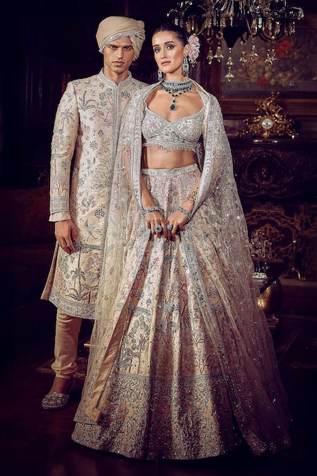 Matsya Beige Silk, Net Crystals, The Wanderlust Botanical Bridal Lehenga Set Online at Aza Fashions Matsya_Beige Silk, Net Crystals, The Wanderlust Botanical Bridal Lehenga Set _Online_at_Aza_Fashions