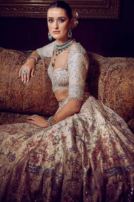 Buy Matsya Beige Silk, Net Crystals, The Wanderlust Botanical Bridal Lehenga Set Online at Aza Fashions Buy_Matsya_Beige Silk, Net Crystals, The Wanderlust Botanical Bridal Lehenga Set _Online_at_Aza_Fashions