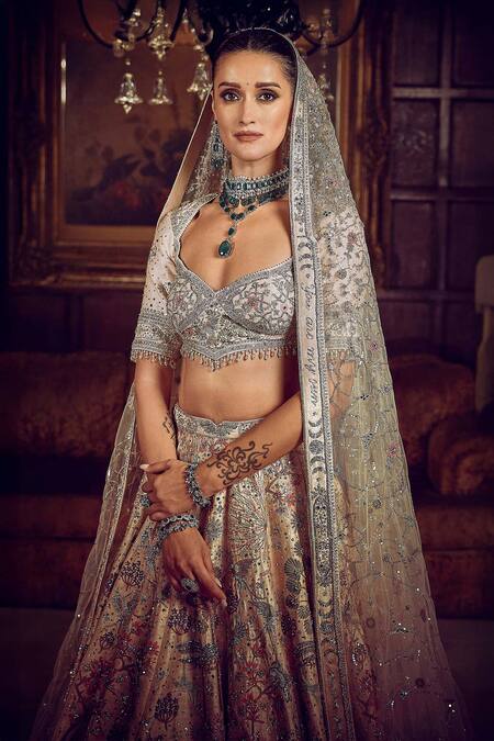 Shop Matsya Beige Silk, Net Crystals, The Wanderlust Botanical Bridal Lehenga Set Online at Aza Fashions Shop_Matsya_Beige Silk, Net Crystals, The Wanderlust Botanical Bridal Lehenga Set _Online_at_Aza_Fashions