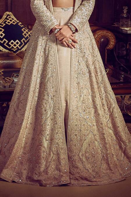 Buy_Matsya_Gold Tissue, Velvet Embroidery, Sequins, The Holy Roman Jacket Lehenga Set _Online_at_Aza_Fashions