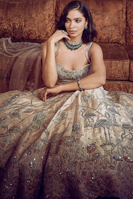 Shop Matsya Beige Tissue, Net Embroidery, The Flamingo Landscape Bridal Lehenga Set Online at Aza Fashions Shop_Matsya_Beige Tissue, Net Embroidery, The Flamingo Landscape Bridal Lehenga Set _Online_at_Aza_Fashions