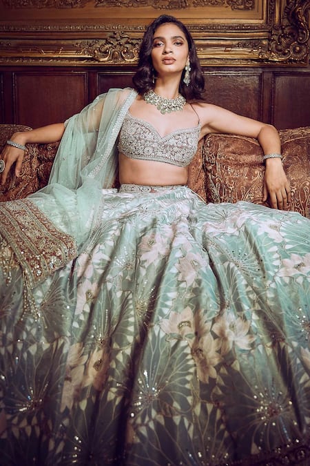 Matsya Pink Velvet, Net, Tissue Sequins, Water Lilies Embroidered Bridal Lehenga Set Online at Aza Fashions Matsya_Pink Velvet, Net, Tissue Sequins, Water Lilies Embroidered Bridal Lehenga Set _Online_at_Aza_Fashions