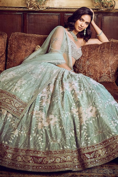 Matsya Pink Velvet, Net, Tissue Sequins, Water Lilies Embroidered Bridal Lehenga Set at Aza Fashions Matsya_Pink Velvet, Net, Tissue Sequins, Water Lilies Embroidered Bridal Lehenga Set _at_Aza_Fashions