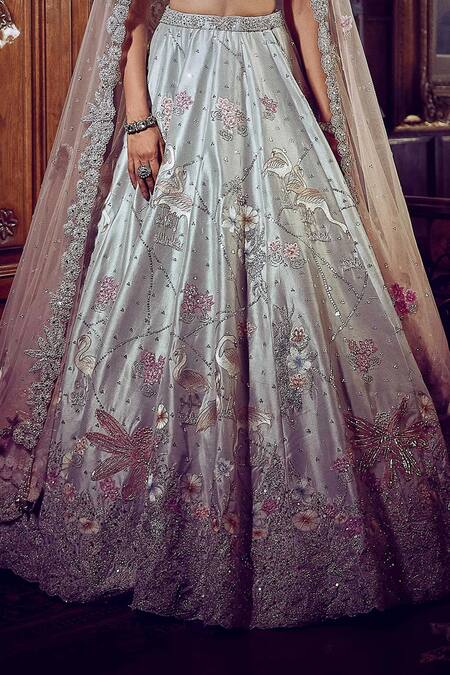 Buy_Matsya_Blue Tissue, Net Embroidery, Sequins Scoop Flamingo Hand Bridal Lehenga Set _Online_at_Aza_Fashions