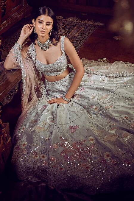Matsya_Blue Tissue, Net Embroidery, Sequins Scoop Flamingo Hand Bridal Lehenga Set _at_Aza_Fashions