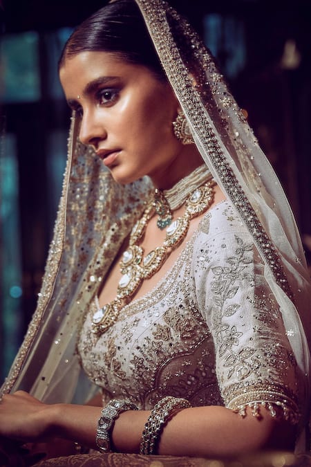 Matsya_Ivory Silk, Net The Masai Landscape Aurum Aged Embroidered Bridal Lehenga Set _Online_at_Aza_Fashions