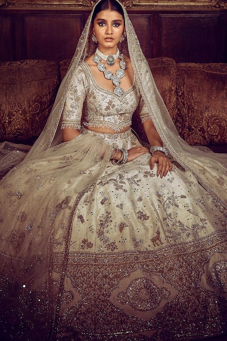 Buy_Matsya_Ivory Silk, Net The Masai Landscape Aurum Aged Embroidered Bridal Lehenga Set _Online_at_Aza_Fashions