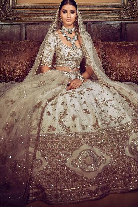 Buy_Matsya_Ivory Silk, Net The Masai Landscape Aurum Aged Embroidered Bridal Lehenga Set 