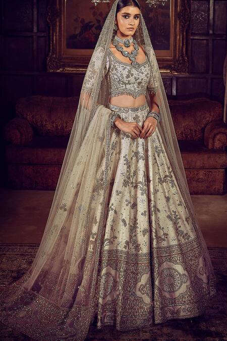 Shop_Matsya_Ivory Silk, Net The Masai Landscape Aurum Aged Embroidered Bridal Lehenga Set 