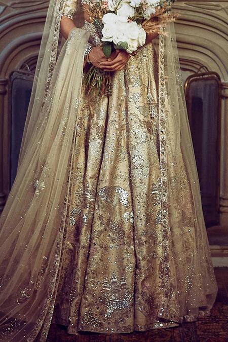 Matsya Gold Silk, Net Sequins, Zari, The Wild Ocean Embroidered Bridal Lehenga Set Online at Aza Fashions Matsya_Gold Silk, Net Sequins, Zari, The Wild Ocean Embroidered Bridal Lehenga Set _Online_at_Aza_Fashions