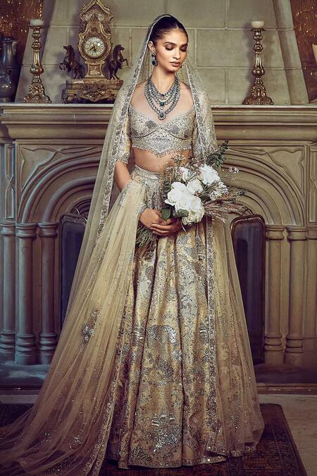 Shop Matsya Gold Silk, Net Sequins, Zari, The Wild Ocean Embroidered Bridal Lehenga Set Online at Aza Fashions Shop_Matsya_Gold Silk, Net Sequins, Zari, The Wild Ocean Embroidered Bridal Lehenga Set _Online_at_Aza_Fashions
