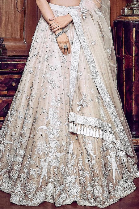 Matsya_Pink Silk, Net Sequins, Zari, Embroidery Floral Hand Bridal Lehenga Set _Online_at_Aza_Fashions