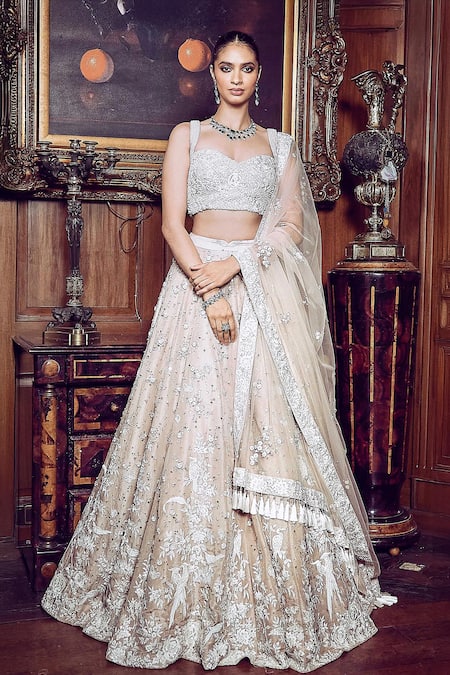 Buy_Matsya_Pink Silk, Net Sequins, Zari, Embroidery Floral Hand Bridal Lehenga Set _Online_at_Aza_Fashions