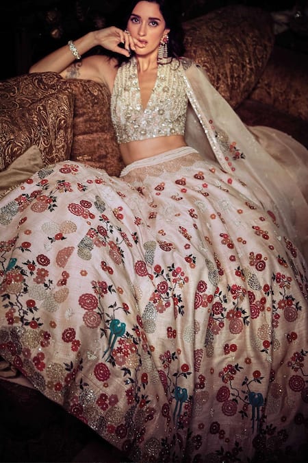 Matsya_Pink Silk, Organza Embroidery, Mirrors Halter The Satire Japanese Lehenga Set _Online_at_Aza_Fashions