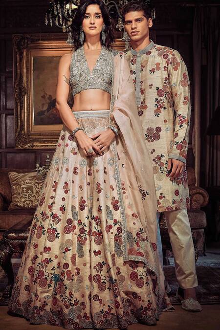 Shop_Matsya_Pink Silk, Organza Embroidery, Mirrors Halter The Satire Japanese Lehenga Set _Online_at_Aza_Fashions