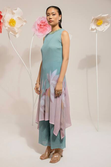 Shop Preeti Mehta Blue Georgette, Polyester, Viscose Sequins, Floral Print Kurta With Palazzo Online at Aza Fashions Shop_Preeti Mehta_Blue Georgette, Polyester, Viscose Sequins, Floral Print Kurta With Palazzo _Online_at_Aza_Fashions