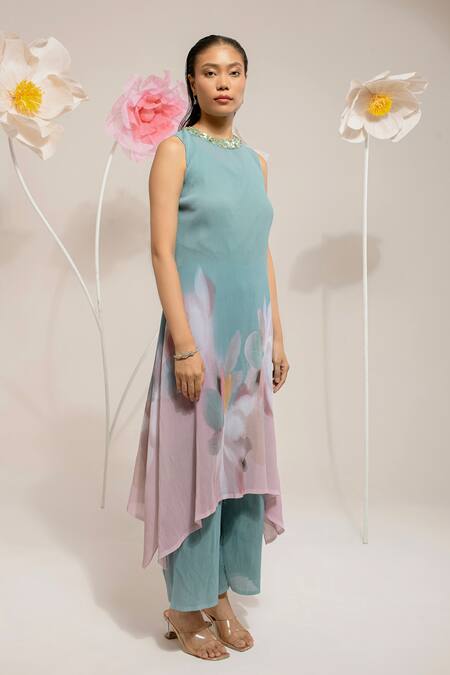Preeti Mehta Blue Georgette, Polyester, Viscose Sequins, Floral Print Kurta With Palazzo at Aza Fashions Preeti Mehta_Blue Georgette, Polyester, Viscose Sequins, Floral Print Kurta With Palazzo _at_Aza_Fashions