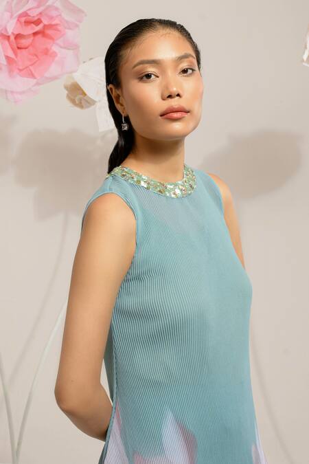 Buy Preeti Mehta Blue Georgette, Polyester, Viscose Sequins, Floral Print Kurta With Palazzo Buy_Preeti Mehta_Blue Georgette, Polyester, Viscose Sequins, Floral Print Kurta With Palazzo