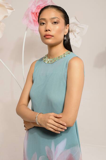 Shop Preeti Mehta Blue Georgette, Polyester, Viscose Sequins, Floral Print Kurta With Palazzo Shop_Preeti Mehta_Blue Georgette, Polyester, Viscose Sequins, Floral Print Kurta With Palazzo