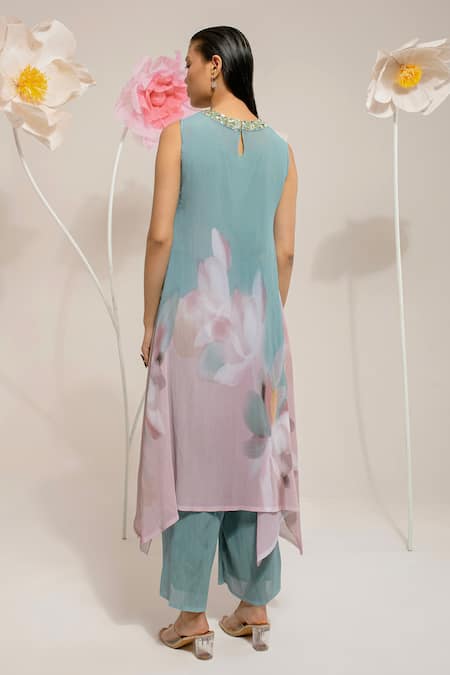 Shop Preeti Mehta Blue Georgette, Polyester, Viscose Sequins, Floral Print Kurta With Palazzo at Aza Fashions Shop_Preeti Mehta_Blue Georgette, Polyester, Viscose Sequins, Floral Print Kurta With Palazzo _at_Aza_Fashions