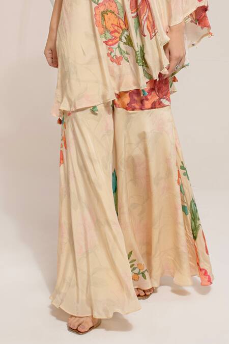 Buy_Preeti Mehta_Cream Viscose Sequins, Beads, Embroidery One Shoulder Floral Print Top With Pant _Online_at_Aza_Fashions