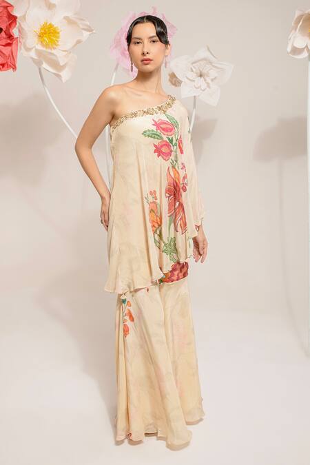Shop_Preeti Mehta_Cream Viscose Sequins, Beads, Embroidery One Shoulder Floral Print Top With Pant _Online_at_Aza_Fashions
