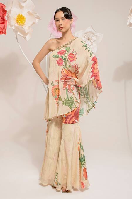 Preeti Mehta_Cream Viscose Sequins, Beads, Embroidery One Shoulder Floral Print Top With Pant _at_Aza_Fashions